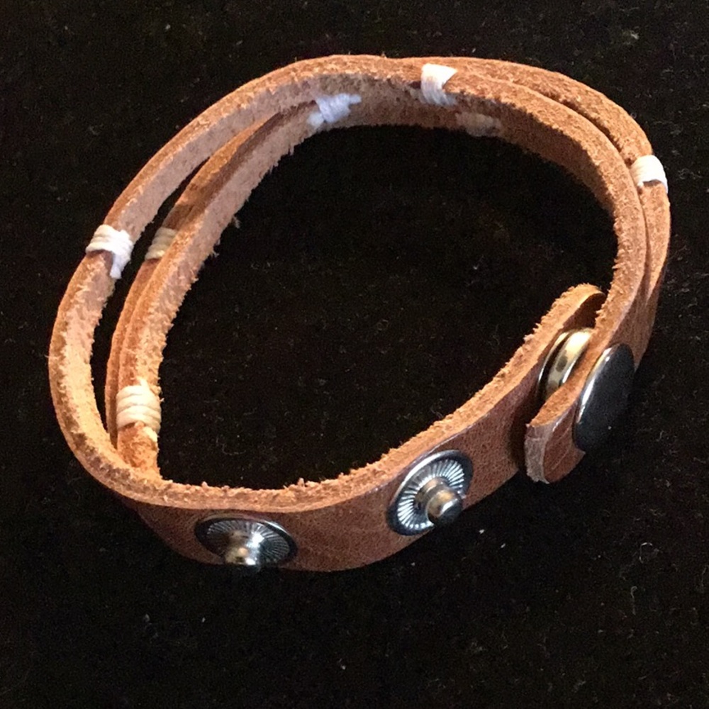 AGED BROWN LEATHER BRACELET W/ WHITE WRAP STRINGS - Picture 3 of 5